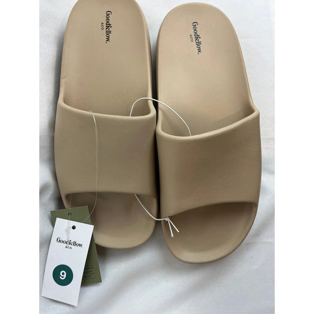 Goodfellow & Co Mens Slide Sandals Tan Beige Slip On Comfort Shoes Size 9 NEW